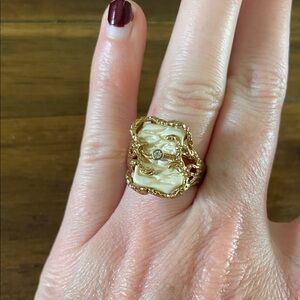 Vintage Gold Tone and Faux Pearl Statement Ring with Center CZ Stone